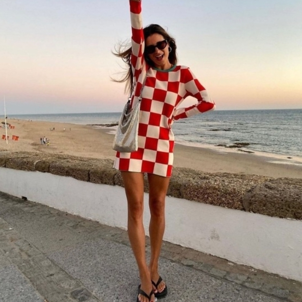 Influencer Inspired Red and White Checkered Mini Dress, Size S